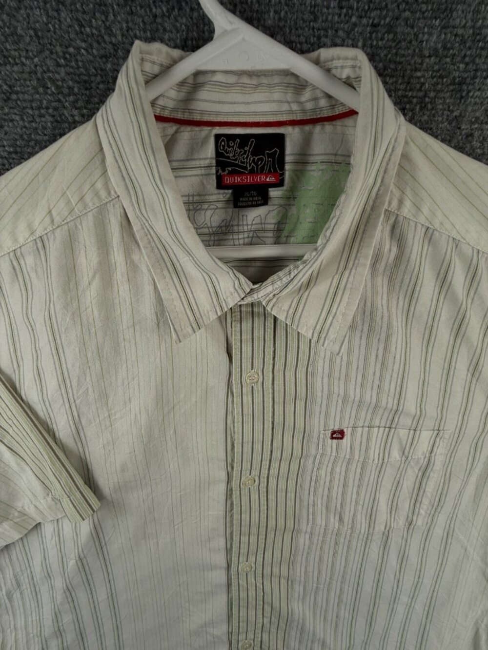 Quiksilver Quicksilver Button Up Shirt Men Short Sleeve Green White Striped XL